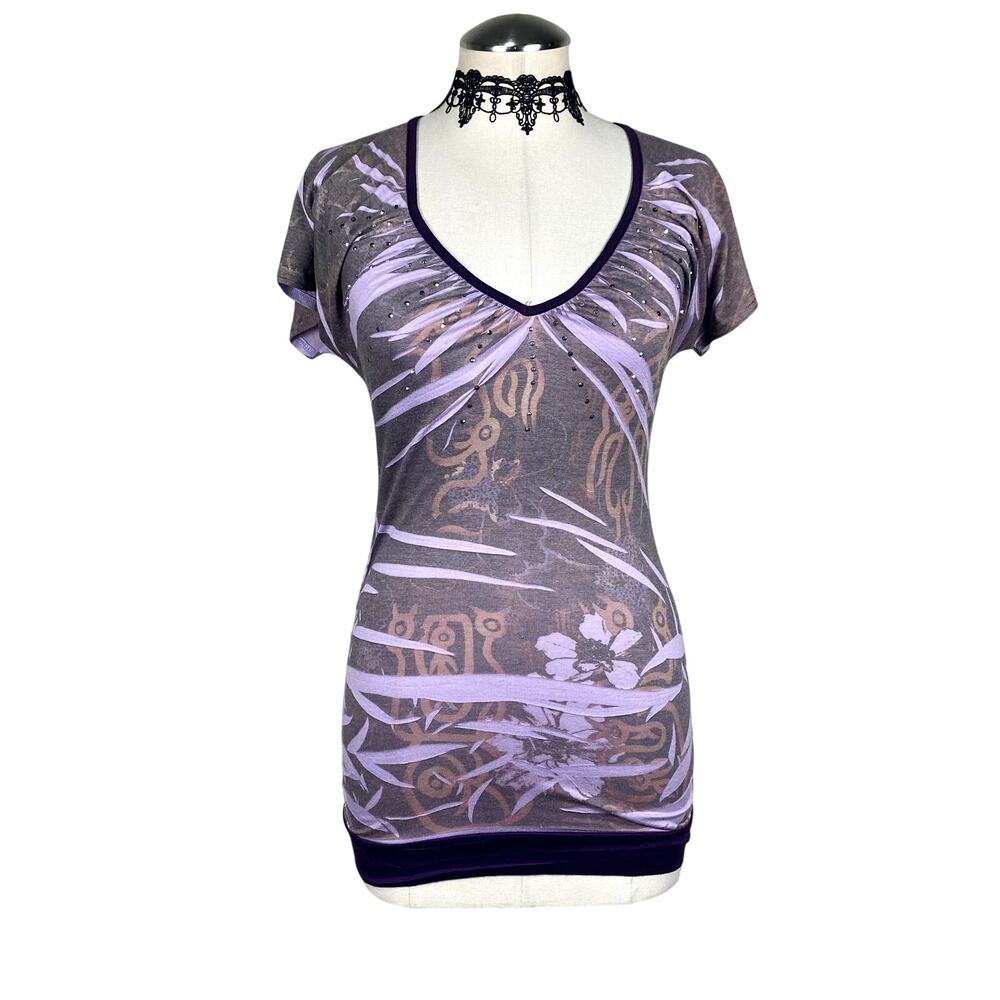 Vtg Y2K Studded Dyed Whimsygoth Ruched Fitted Grunge Hippie Purple Baby Tee Sz S